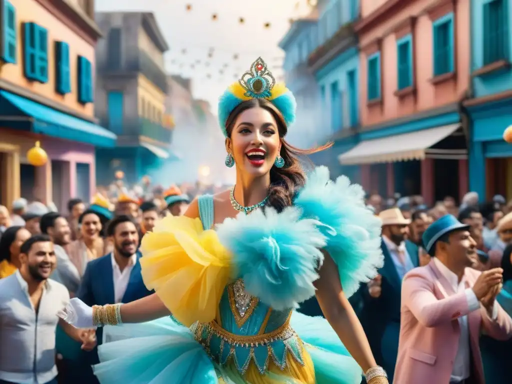 Pintura acuarela del Carnaval uruguayo: alegría y colorido en las calles Vibrante pintura acuarela del Carnaval Uruguayo: calles llenas de coloridos desfiles y espectadores