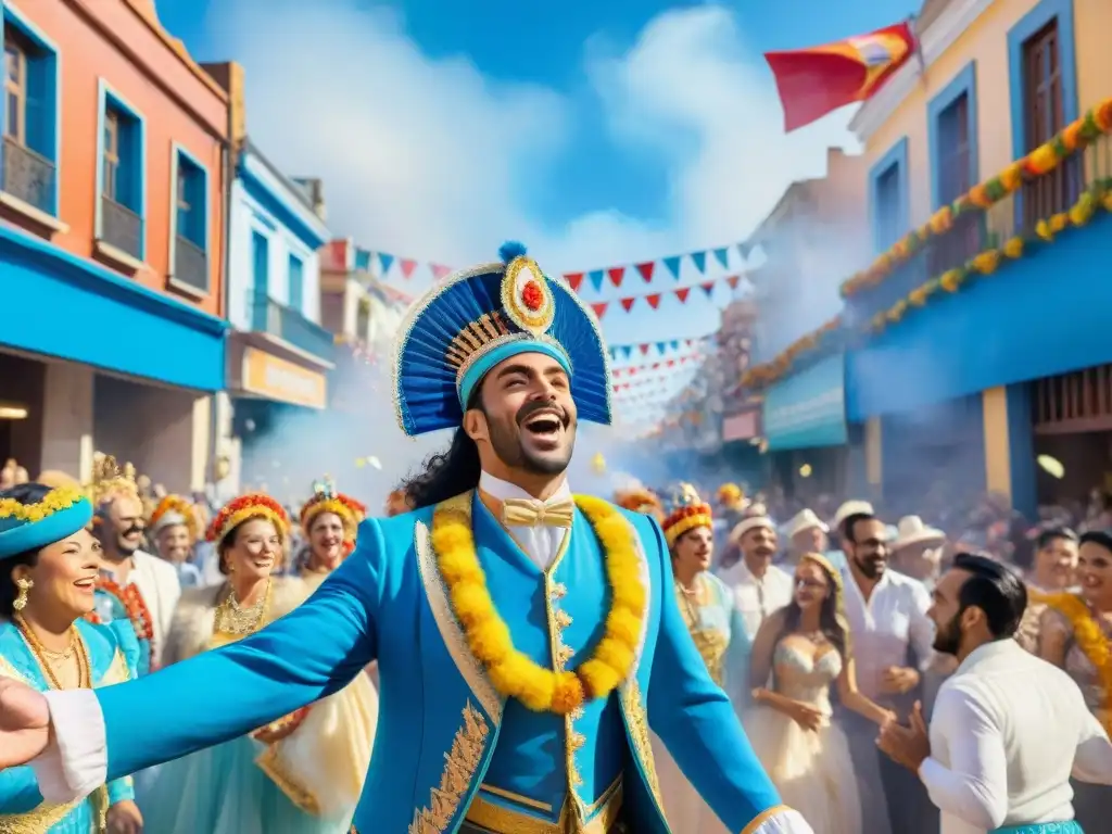 Vibrante pintura acuarela del Carnaval Uruguayo con carrozas, bailarines y espectadores