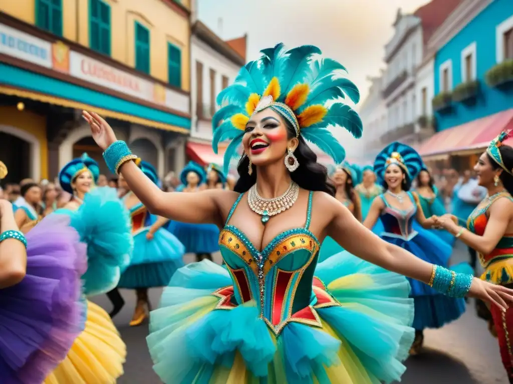 Vibrante Carnaval Uruguayo: Fiesta de Colores y Emociones Vibrante pintura acuarela del Carnaval Uruguayo turismo internacional, con danzas, música y coloridas calles en fiesta