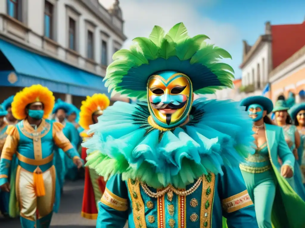 Vibrante Carnaval en Uruguay: Celebración comunitaria Vibrante pintura acuarela del Carnaval en Uruguay, con desfiles, trajes coloridos y espectadores entusiastas