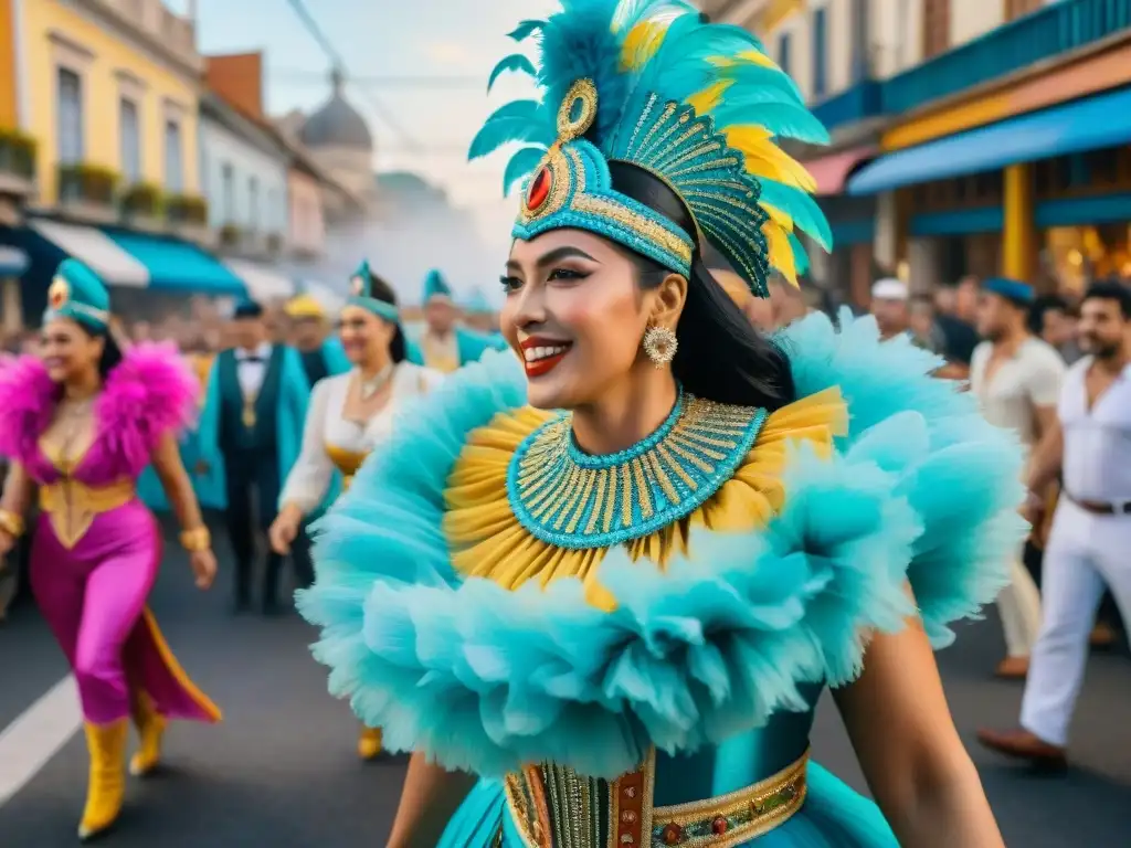 Pintura acuarela: Carnaval en Uruguay Vibrante pintura acuarela del Carnaval en Uruguay, con desfile, trajes coloridos y bailarines, reflejando la riqueza cultural