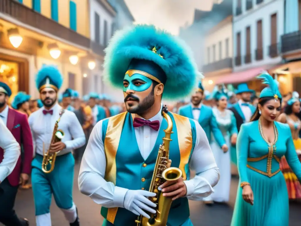 Desfile de Carnaval en Uruguay: fusión musical y colorida Vibrante pintura acuarela: Carnaval Uruguayo fusiona influencia música extranjera