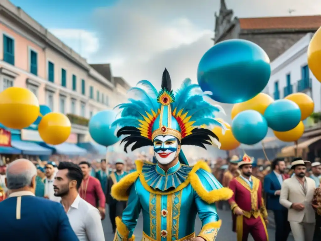 Esencia del Carnaval Uruguayo: Vibrante pintura acuarela de desfile festivo Vibrante pintura acuarela del Carnaval Uruguayo, con desfiles coloridos y multitud animada