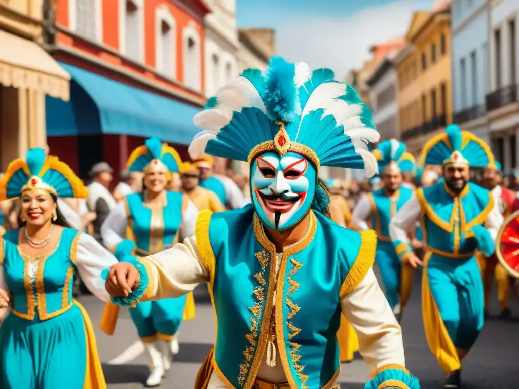 Deslumbrante pintura acuarela del Carnaval uruguayo: alegría y color Una vibrante pintura acuarela del Carnaval Uruguayo, con detalles coloridos y danzantes energéticos