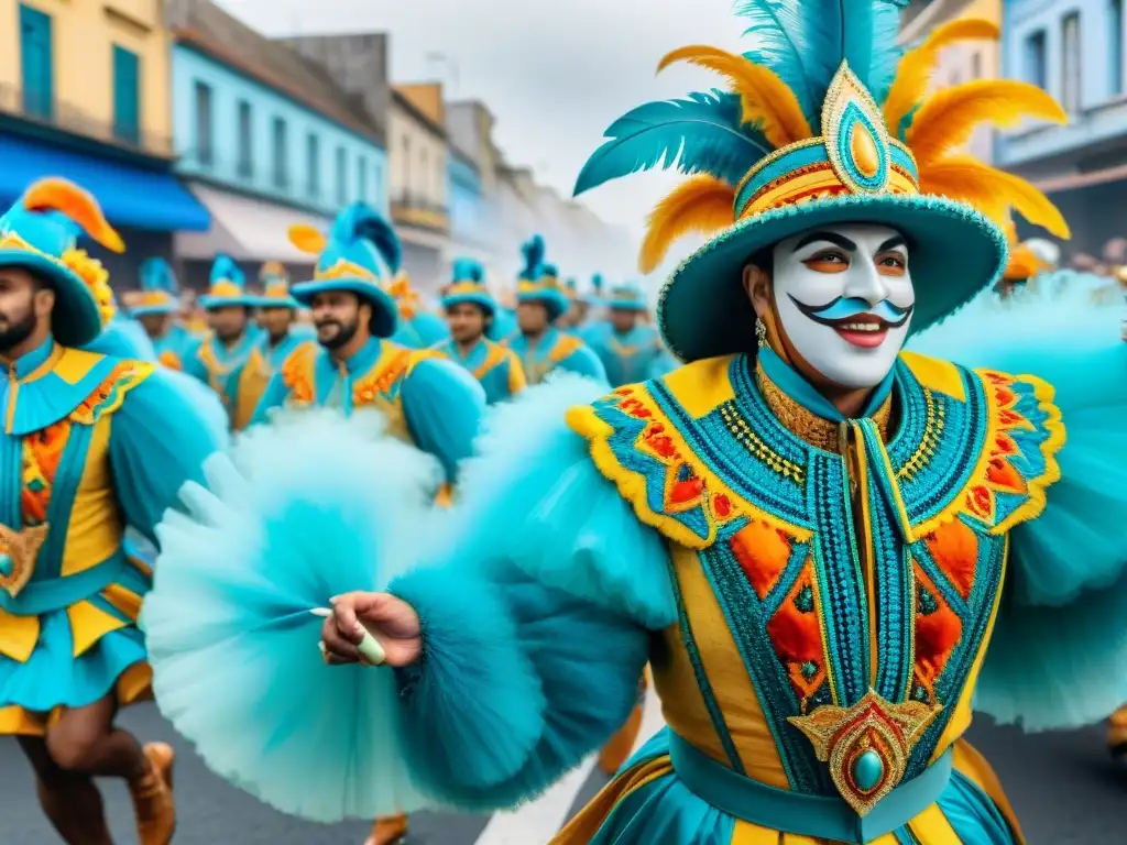 Pintura acuarela detallada de Carnaval en Uruguay Una vibrante pintura acuarela del Carnaval en Uruguay con desfiles coloridos y bailarines alegres