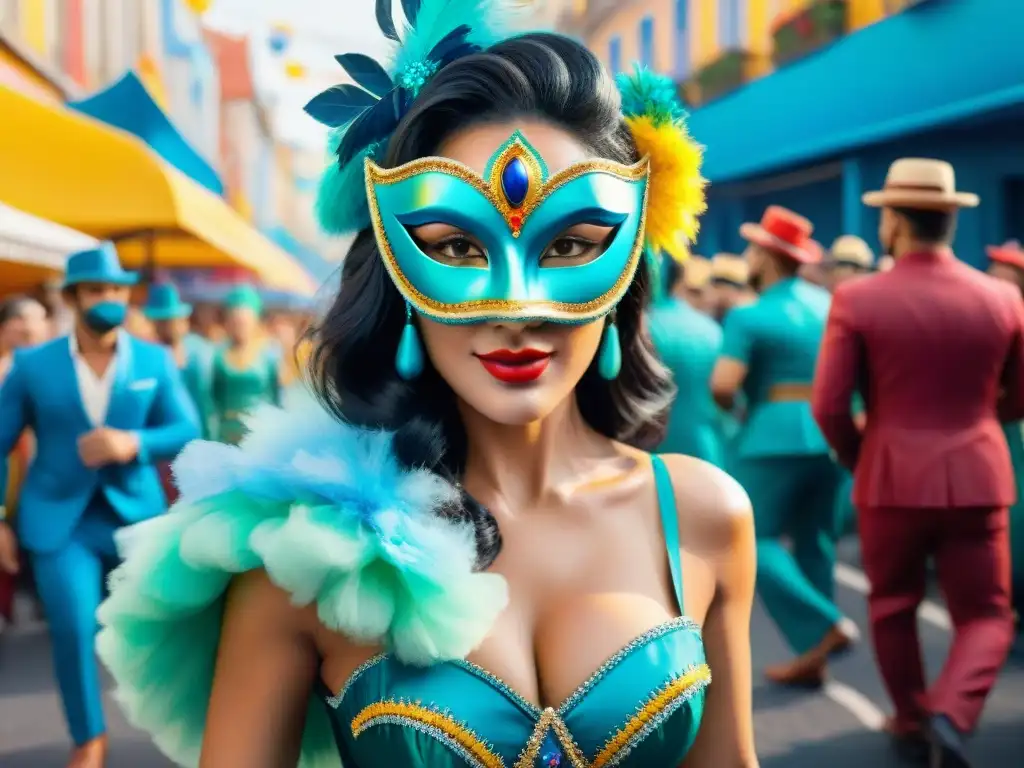 Carnaval Uruguayo: Pintura acuarela de fiesta callejera Vibrante pintura acuarela del Carnaval Uruguayo, con coloridos trajes y danzas