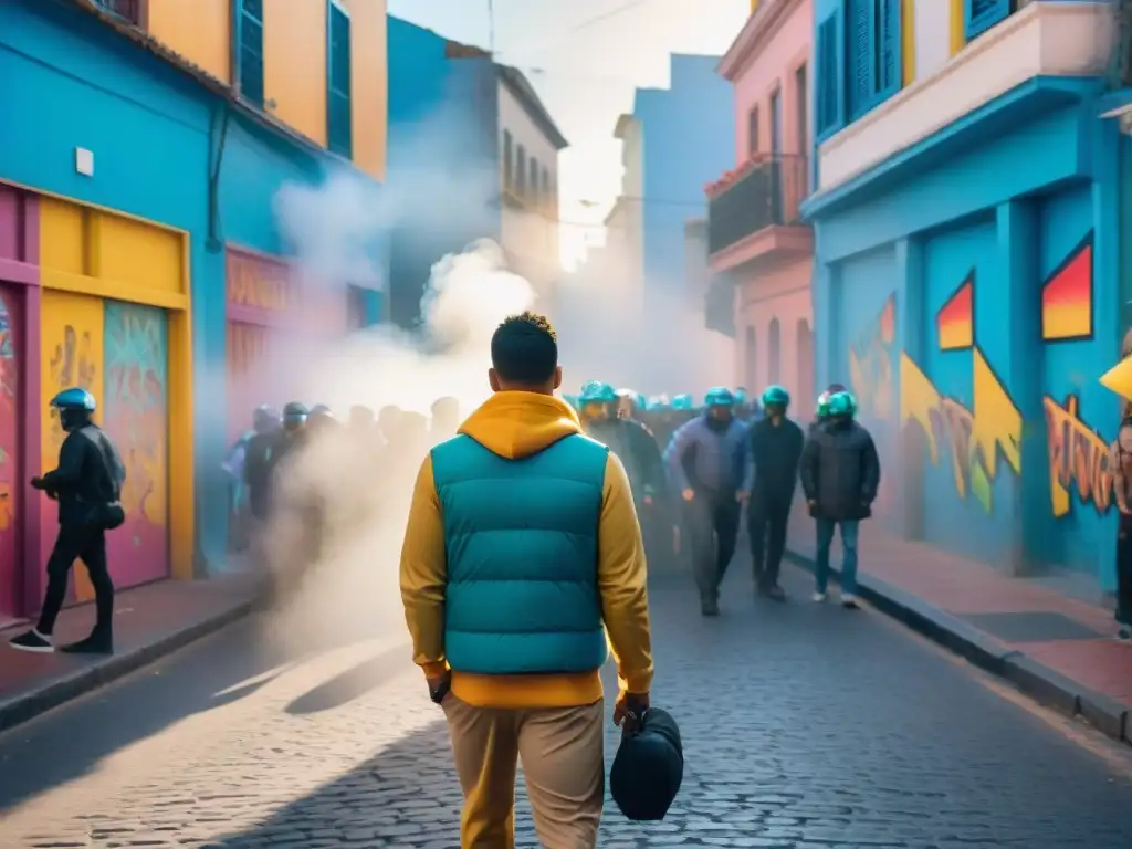 Street art vibrante en el Carnaval de Uruguay Vibrante pintura acuarela de Carnaval en Uruguay con impacto social, grafitis coloridos y gente celebrando