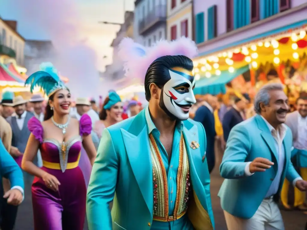 Vibrante pintura acuarela del Carnaval Uruguayo con importancia columnas opinión, floats coloridos y espectadores alegres