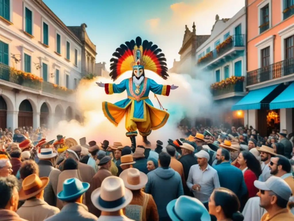 Carnaval Uruguayo: Calle vibrante y colorida en acuarela Vibrante pintura acuarela del Carnaval Uruguayo con colores y baile