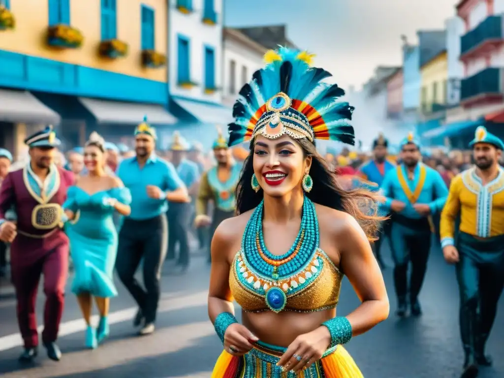 Colorida calle de Uruguay en Carnaval: danzas, música y alegría Vibrante pintura acuarela del Carnaval en Uruguay: bailarines, música y color