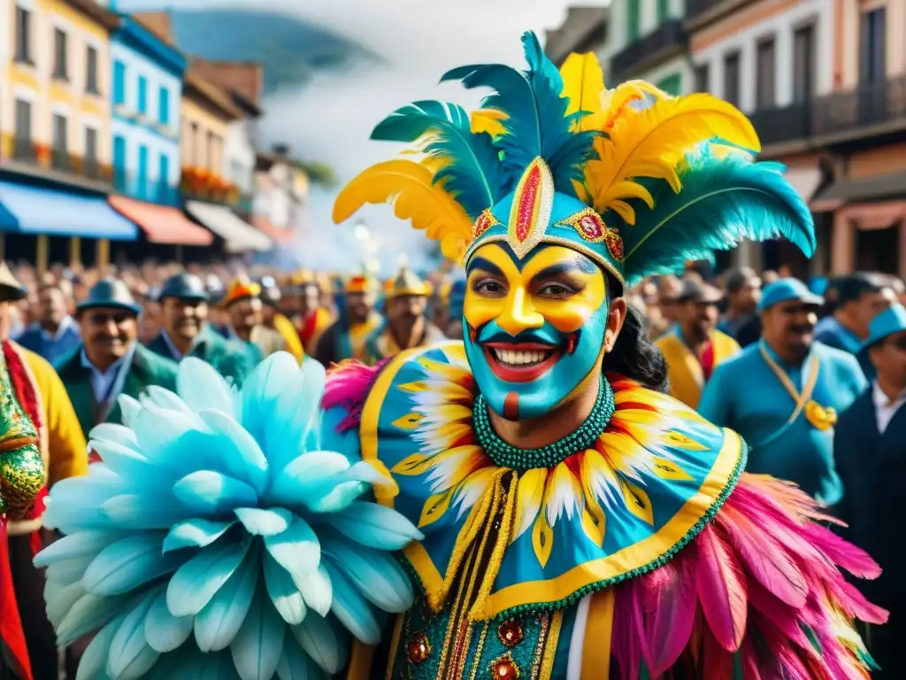 Pintura acuarela del Carnaval Uruguayo: colores vibrantes y alegría Vibrante pintura acuarela del Carnaval Uruguayo, historia arte en un desfile lleno de color y alegría