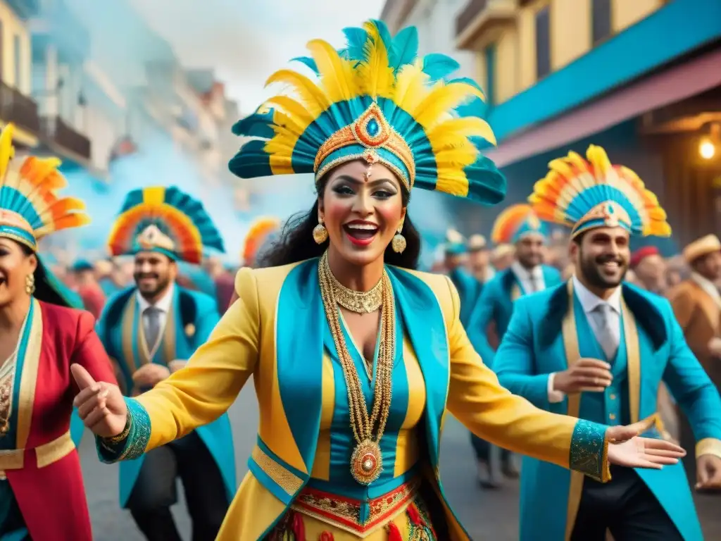 Vibrante Carnaval Uruguayo: Colores, Baile y Alegría Vibrante pintura acuarela del Carnaval Uruguayo, un fenómeno global de celebración y color
