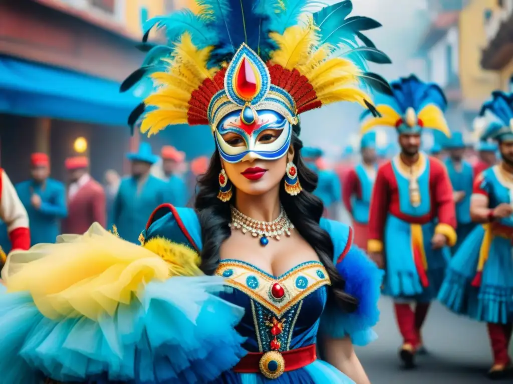 Pintura acuarela del Carnaval Uruguayo: colorida celebración cultural Vibrante pintura acuarela del Carnaval Uruguayo: desfile animado, música alegre y espectadores emocionados