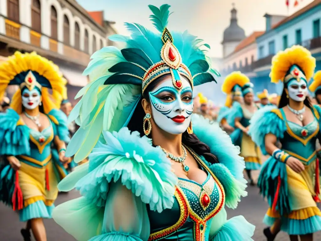 Pintura acuarela del Carnaval Uruguayo: vibrante desfile festivo Vibrante pintura acuarela del Carnaval Uruguayo con bailarines, músicos y coloridos carros alegóricos