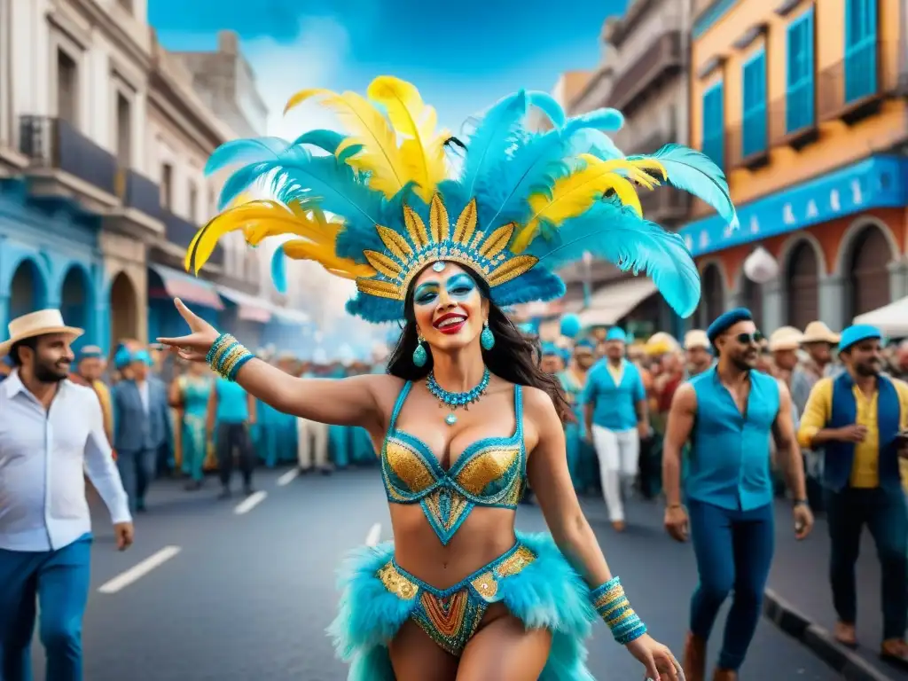 Deslumbrante Carnaval en Montevideo: baile, color y alegría Una vibrante pintura acuarela de Carnaval en Montevideo con floats detallados y bailarines, rodeados de entusiastas espectadores