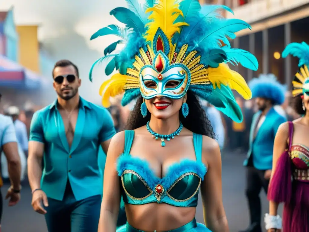 Carnaval uruguayo: Evolución de trajes vibrantes y festivos Vibrante pintura acuarela de carnavales uruguayos con disfraces modernos y tradicionales