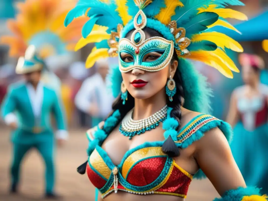 Trajes de Carnaval uruguayos: colores y tradición festiva Una vibrante pintura acuarela de una colección de trajes de carnaval uruguayo, con detalles coloridos y festiva atmósfera