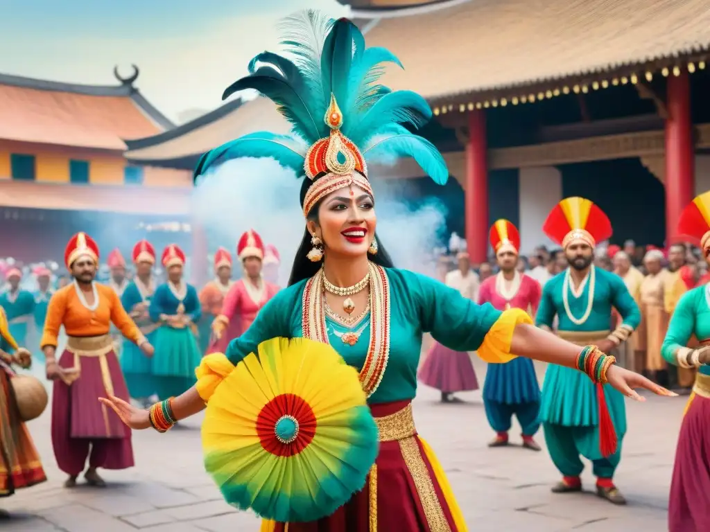 Murga vibrante: danza y color en la plaza Una vibrante pintura en acuarela de una colorida y enérgica actuación de murga en una plaza de ciudad