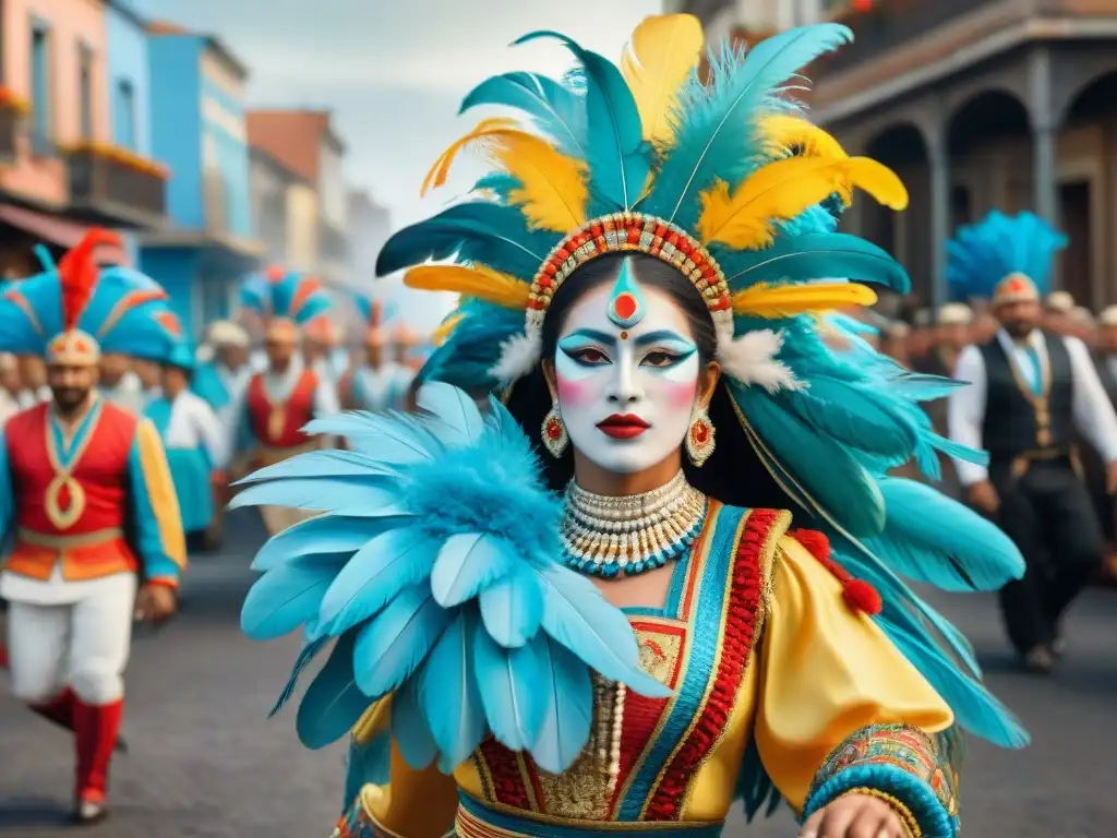 Desfile vibrante de comparsas en Uruguay: color y energía Una vibrante pintura acuarela de comparsas en Uruguay resalta la diversidad cultural y la importancia de esta tradición