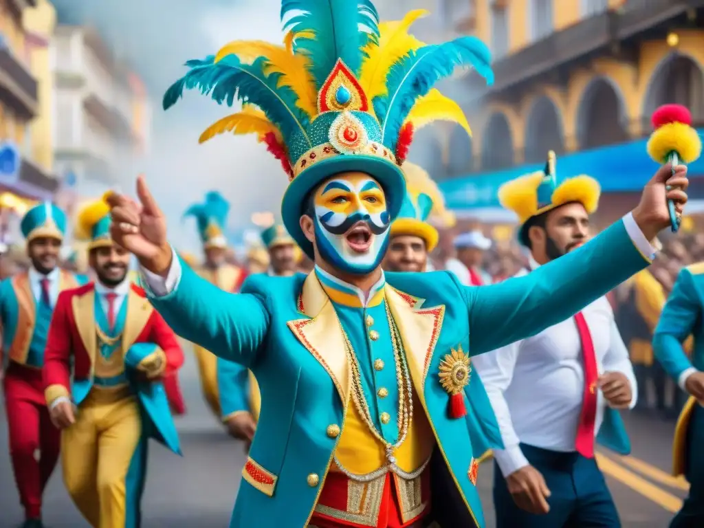 Pintura acuarela de comparsas uruguayas: fusión festiva global-local Una vibrante pintura acuarela de comparsas tradicionales uruguayas, fusionando influencias globales con tradiciones locales