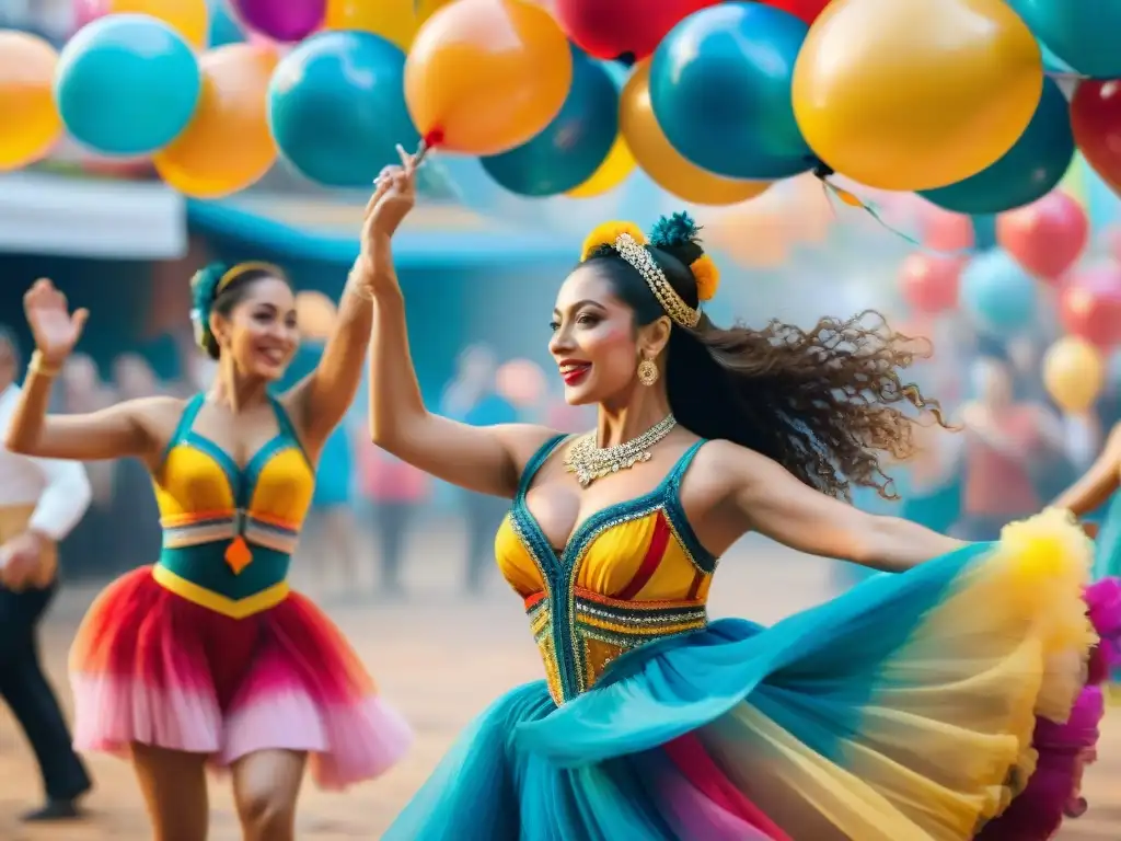 Baile tradicional uruguayo: vibrante acuarela de carnaval Vibrante pintura acuarela de danza tradicional uruguaya en carnaval