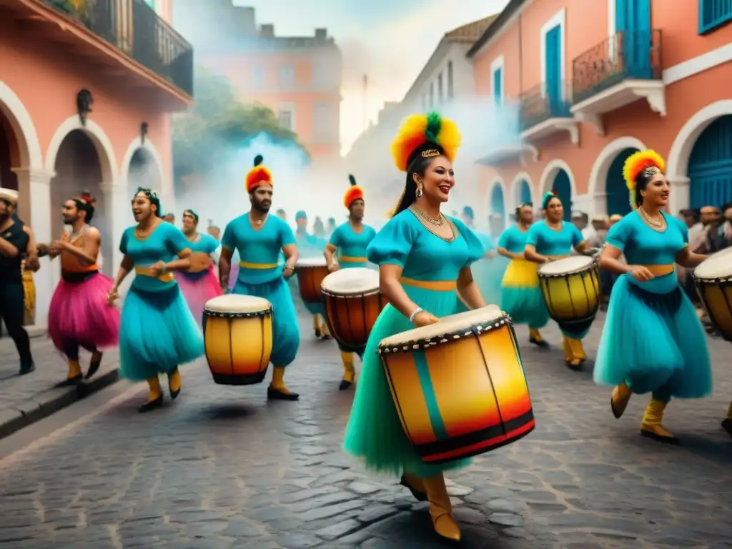 Pintura acuarela vibrante: Desfile de Candombe en Uruguay Vibrante pintura acuarela de desfile de Candombe en Uruguay, con músicos y bailarines en trajes coloridos, en las calles históricas