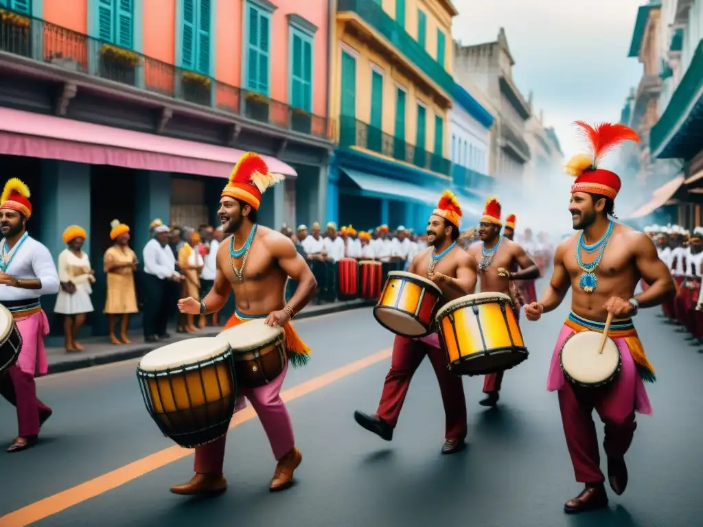 Vibrante desfile de Candombe en Montevideo Una vibrante pintura acuarela del desfile del Candombe en Montevideo, Uruguay