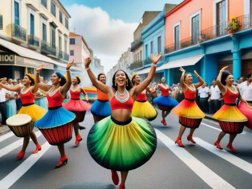 Vibrante desfile de Candombe en Uruguay Una vibrante pintura acuarela de un desfile de Candombe en Uruguay