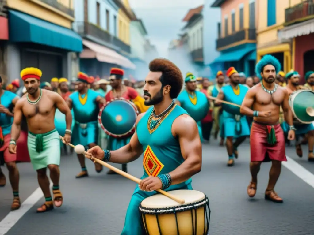 Colorida procesión de Candombe en Uruguay Una vibrante pintura acuarela de un desfile de Candombe en Uruguay