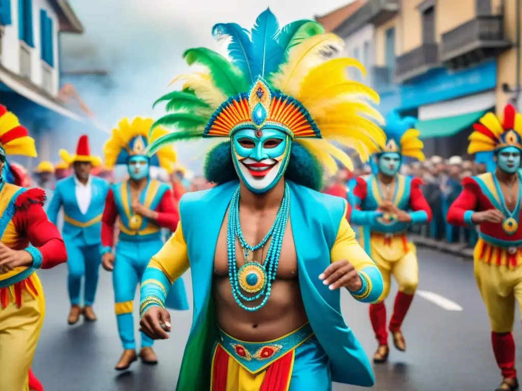 Deslumbrante Carnaval en Uruguay: colores, máscaras y baile Vibrante pintura acuarela: desfile de Carnaval en Uruguay con coloridos trajes y música tradicional
