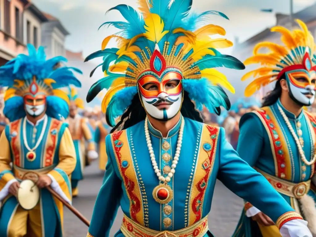 Pintura acuarela: Evolución de comparsas uruguayas en vibrante carnaval Una vibrante pintura acuarela de un desfile de carnaval uruguayo con comparsas en transformación
