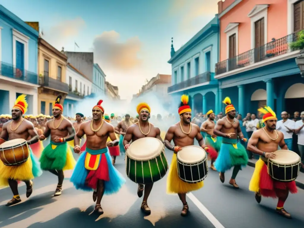 Vibrante pintura acuarela de un desfile de candombe en Uruguay, resaltando la importancia del candombe en Uruguay