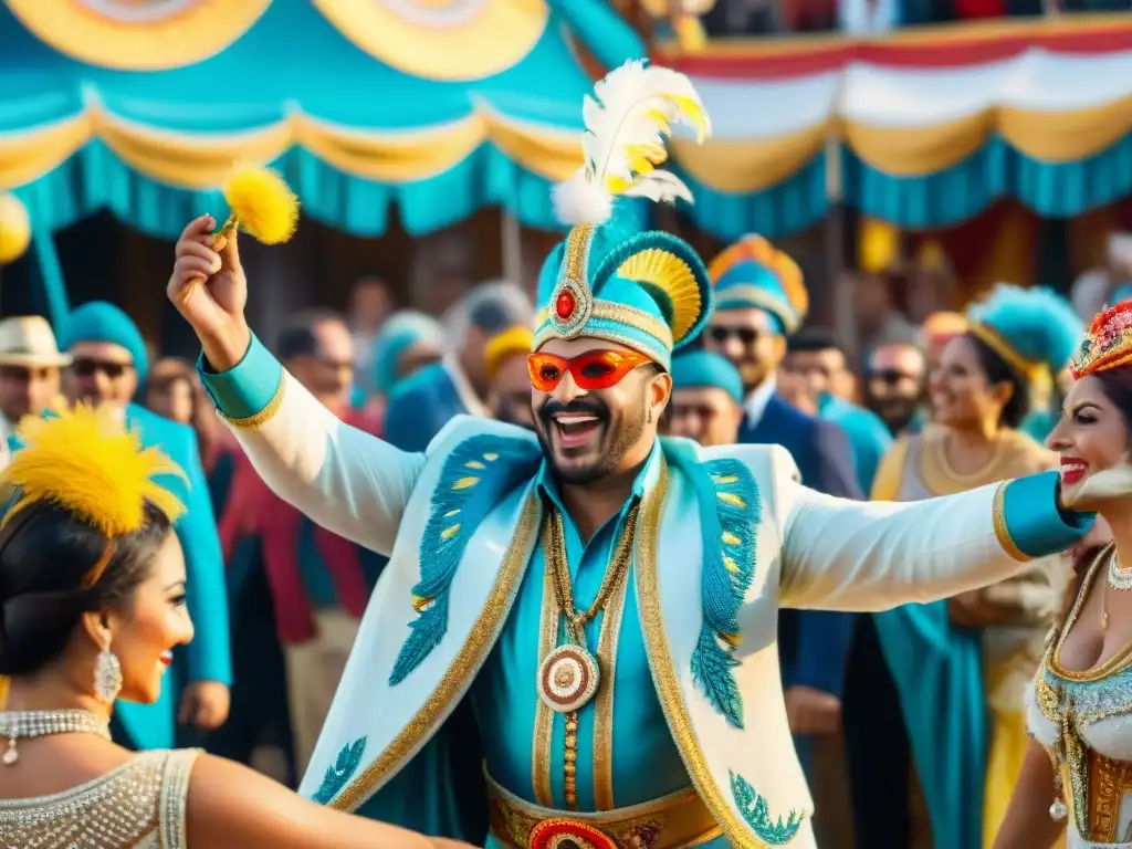 Pintura acuarela de un animado carnaval uruguayo Vibrante pintura acuarela detallada de murgas en el Carnaval Uruguayo, reflejando la importancia de estas en la celebración