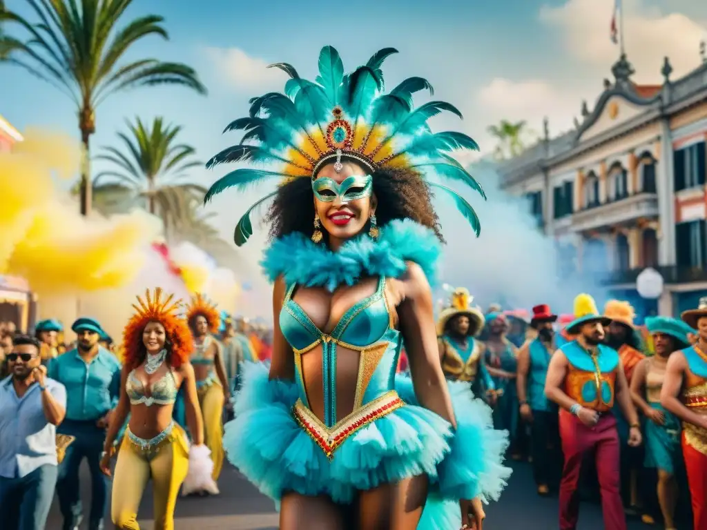 Deslumbrante pintura acuarela del Carnaval: fiesta y color Una vibrante pintura acuarela detallada de un desfile de Carnaval, capturando la energía y emoción del evento