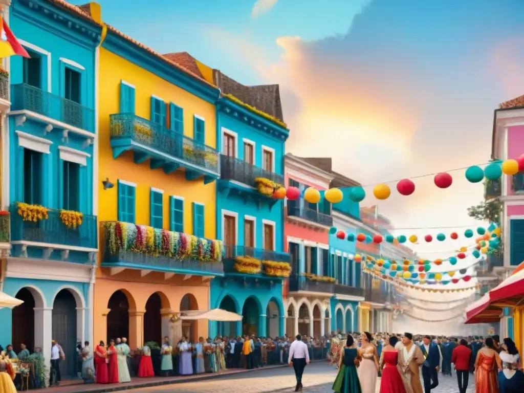 Vibrante pintura acuarela del Carnaval Uruguayo Una vibrante pintura acuarela de edificios coloridos con balcones adornados y banderas ondeando, reflejando la emoción del Carnaval Uruguayo