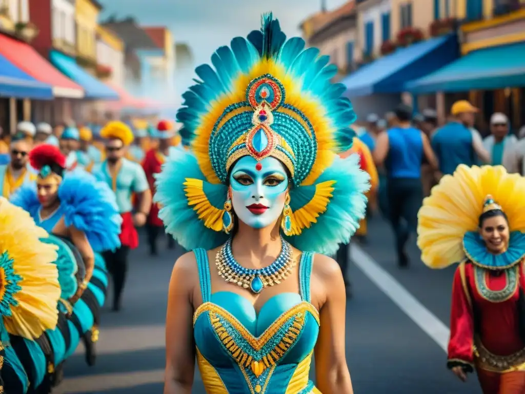 Colorido Carnaval Uruguayo 2023: Vibrante escena callejera Vibrante pintura acuarela de la esencia del Carnaval Uruguayo 2023: carrozas detalladas, artistas y espectadores inmersos en la festividad