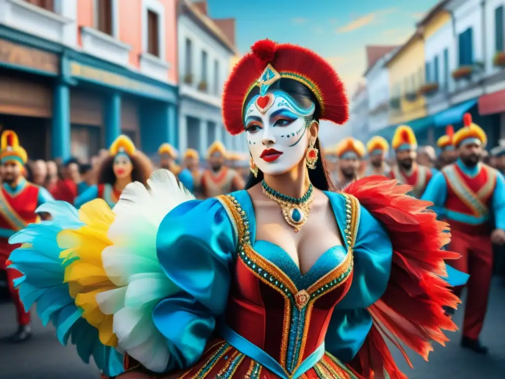 Desfile vibrante de Carnaval en Uruguay Una vibrante pintura acuarela que muestra la historia de la danza en el Carnaval Uruguayo