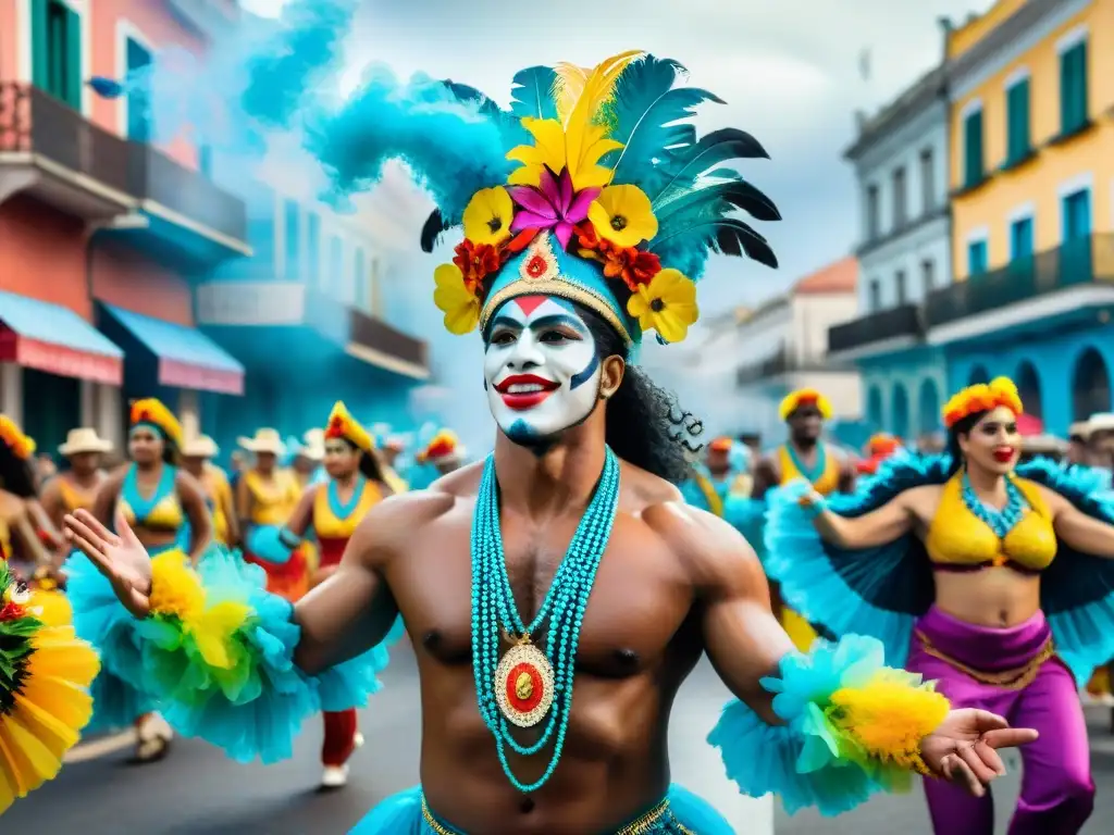 Pintura acuarela del Carnaval en Uruguay: fusionando culturas Una vibrante pintura acuarela que muestra la influencia caribeña en el Carnaval Uruguayo, con desfile colorido y alegre