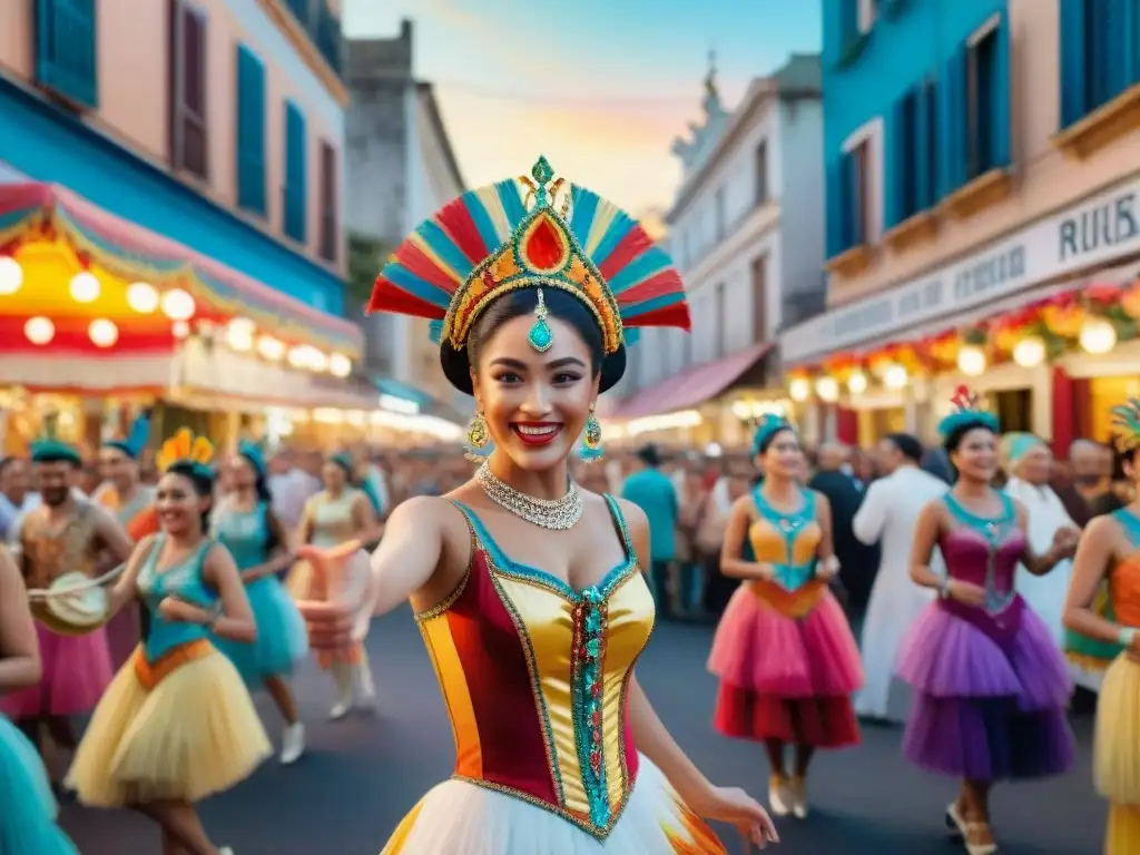 Vibrante pintura acuarela de jóvenes talentos del Carnaval Uruguayo bailando en las calles de Montevideo