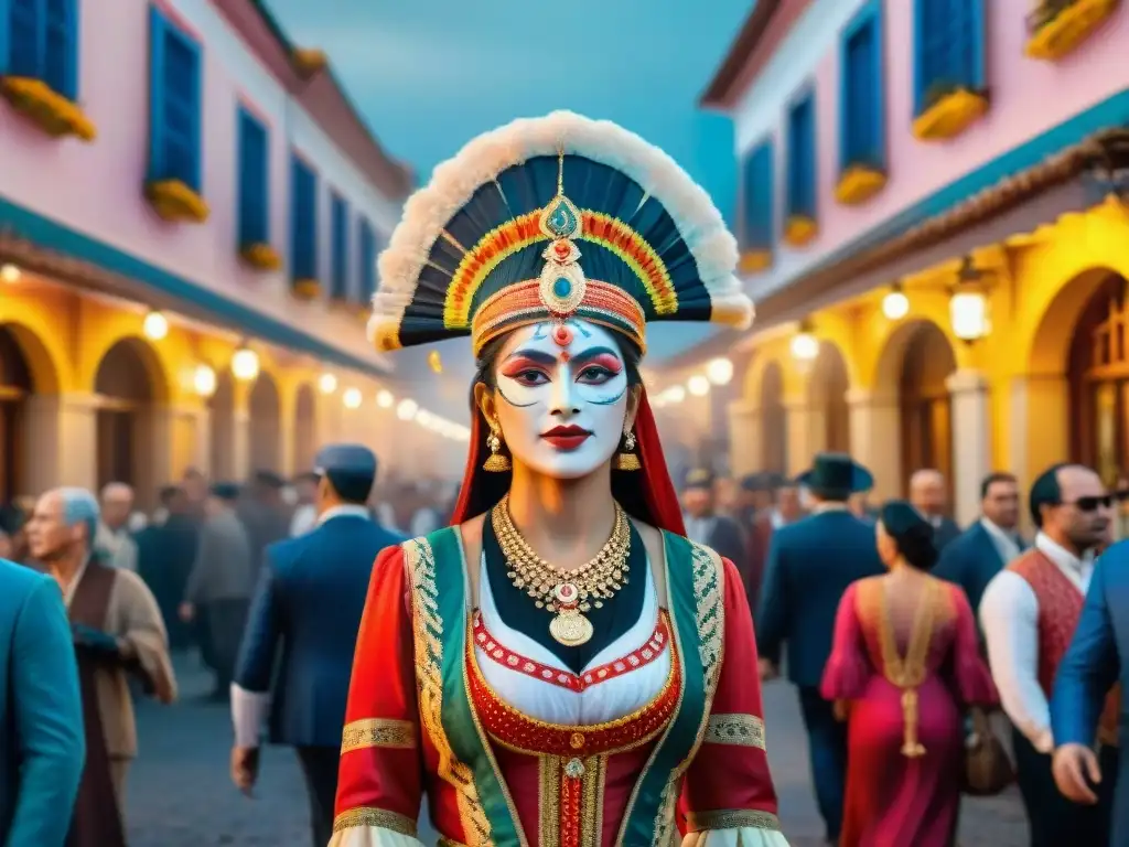 Hotel de lujo en Carnaval de Uruguay Vibrante pintura acuarela de un lujoso hotel boutique en el Carnaval Uruguayo