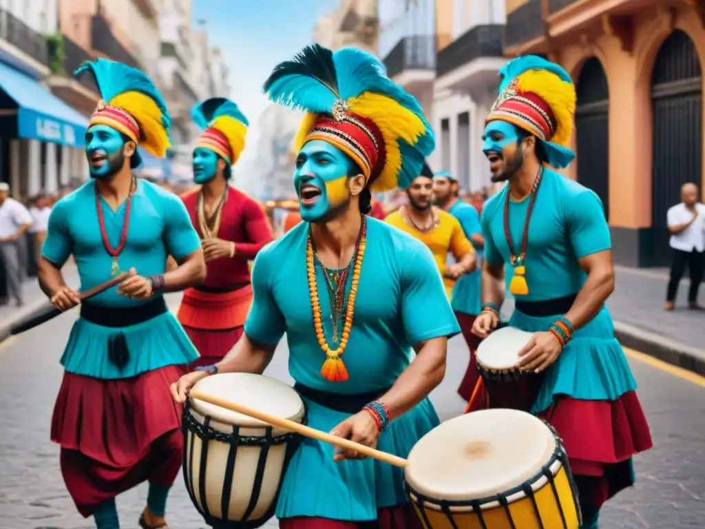 Murga en Montevideo: Colorida pasión callejera Vibrante pintura acuarela de murga uruguaya en la vida diaria: preparación vida diaria murga uruguaya