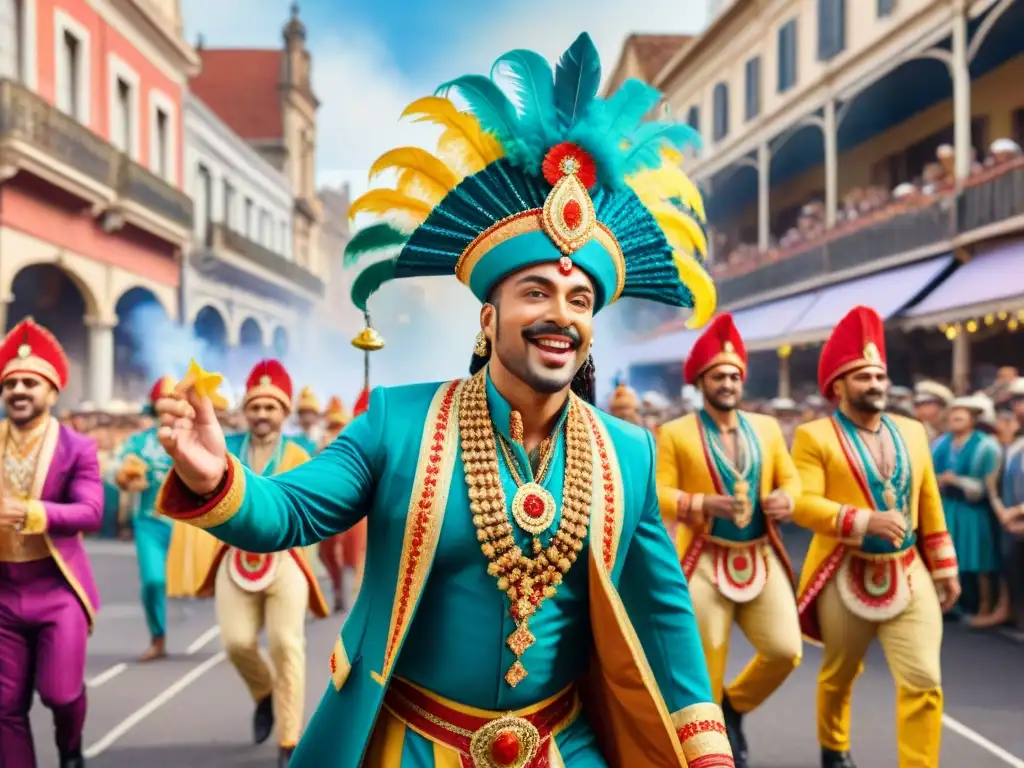 Deslumbrante desfile de murgas en Carnaval uruguayo Vibrante pintura acuarela de murgas en Carnaval Uruguayo, trajes simbolizan emociones