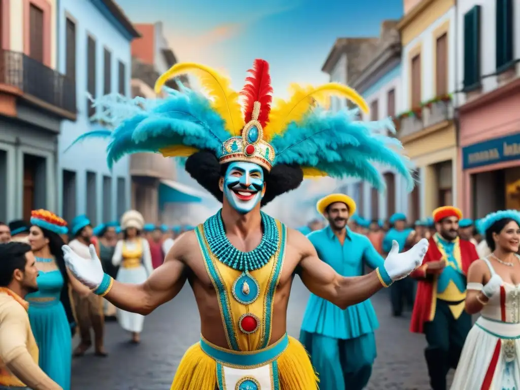 Vibrante escena de carnaval en Uruguay: Murgas y arquitectura histórica Vibrante pintura acuarela de murgas en Uruguay, historia política y cultura festiva
