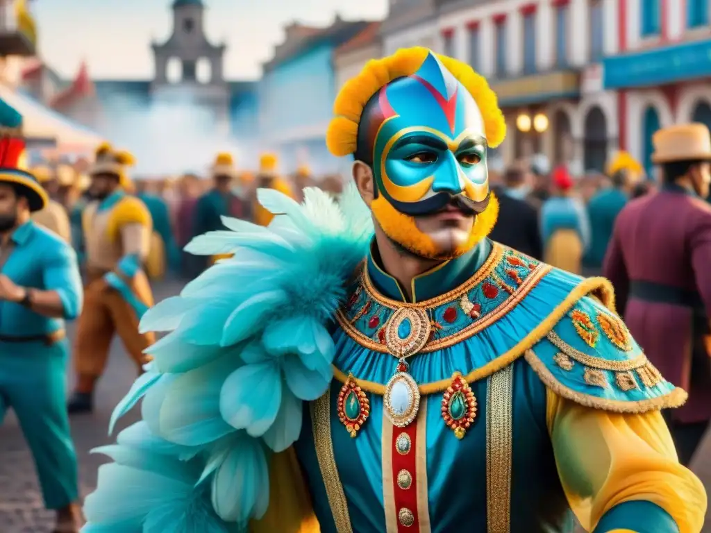 Colorida pintura acuarela del Carnaval Uruguayo Vibrante pintura acuarela del origen y evolución del Carnaval Uruguayo en una plaza histórica