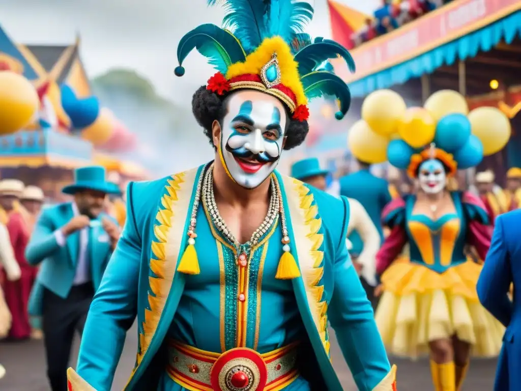 Colorida pintura acuarela de parodistas en Carnaval Uruguayo Vibrante pintura acuarela de parodistas veteranos en Carnaval Uruguayo