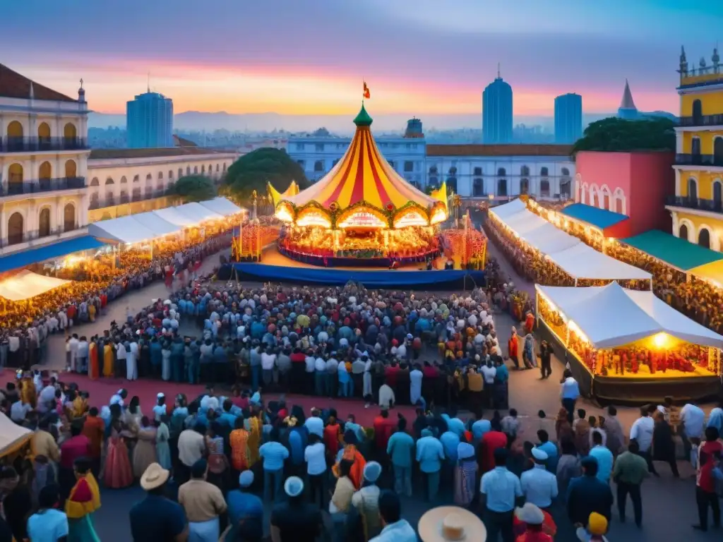 Plaza Matriz en Carnaval: Detalle vibrante de murga Vibrante pintura acuarela de la Plaza Matriz durante el Carnaval, con escenario de murga y coloridos trajes
