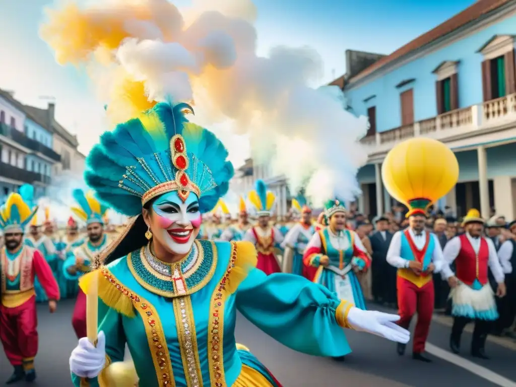 Colorida procesión de Carnaval en Uruguay Una vibrante pintura acuarela que muestra la Ruta del Tambor en el Carnaval Uruguayo, con comparsas coloridas y tamboriles
