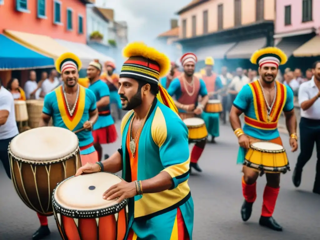 Vibrante desfile de Candombe en Uruguay Una vibrante pintura al agua de un desfile de Candombe en Uruguay