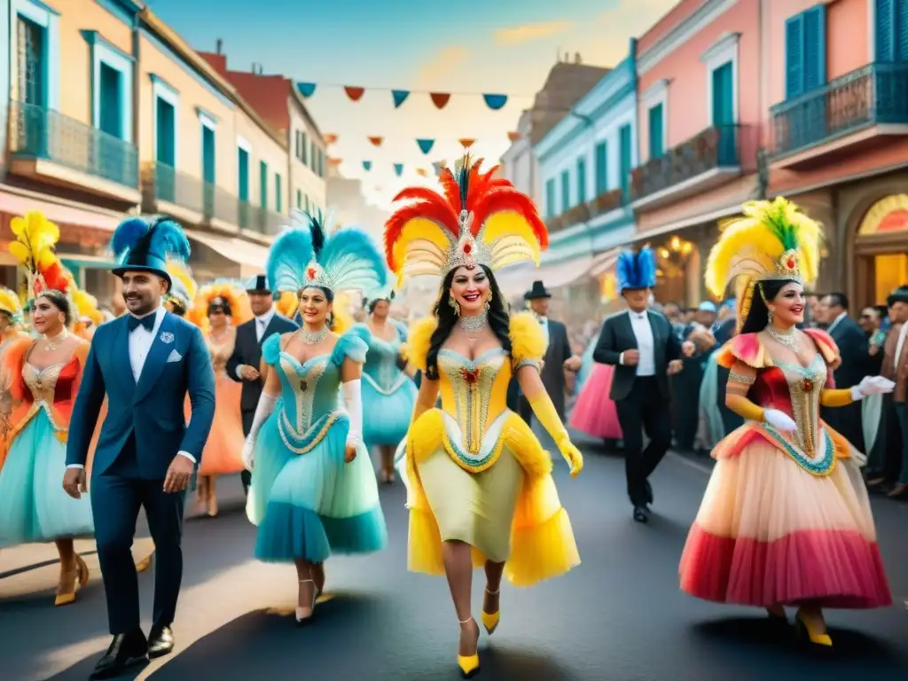 Carnaval Uruguayo: Escena vibrante del siglo XX Vibrante pintura acuarela detallada del Carnaval Uruguayo en el siglo XX con Innovaciones en el Carnaval Uruguayo
