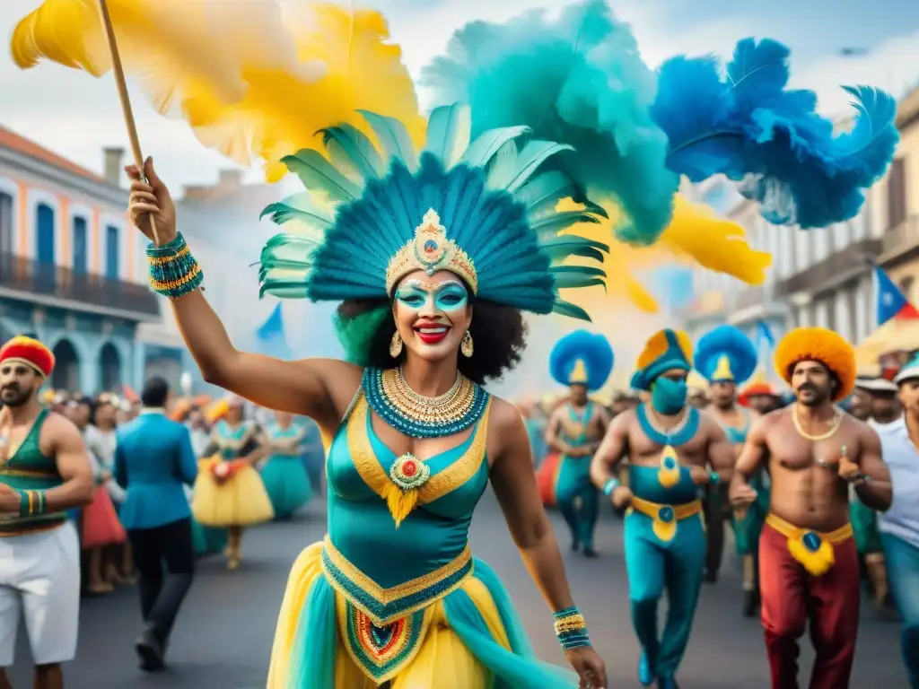 Colorido Carnaval en Uruguay: Detalles vibrantes y festivos Vibrante pintura acuarela detallada del Carnaval en Uruguay con trajes coloridos y música tradicional